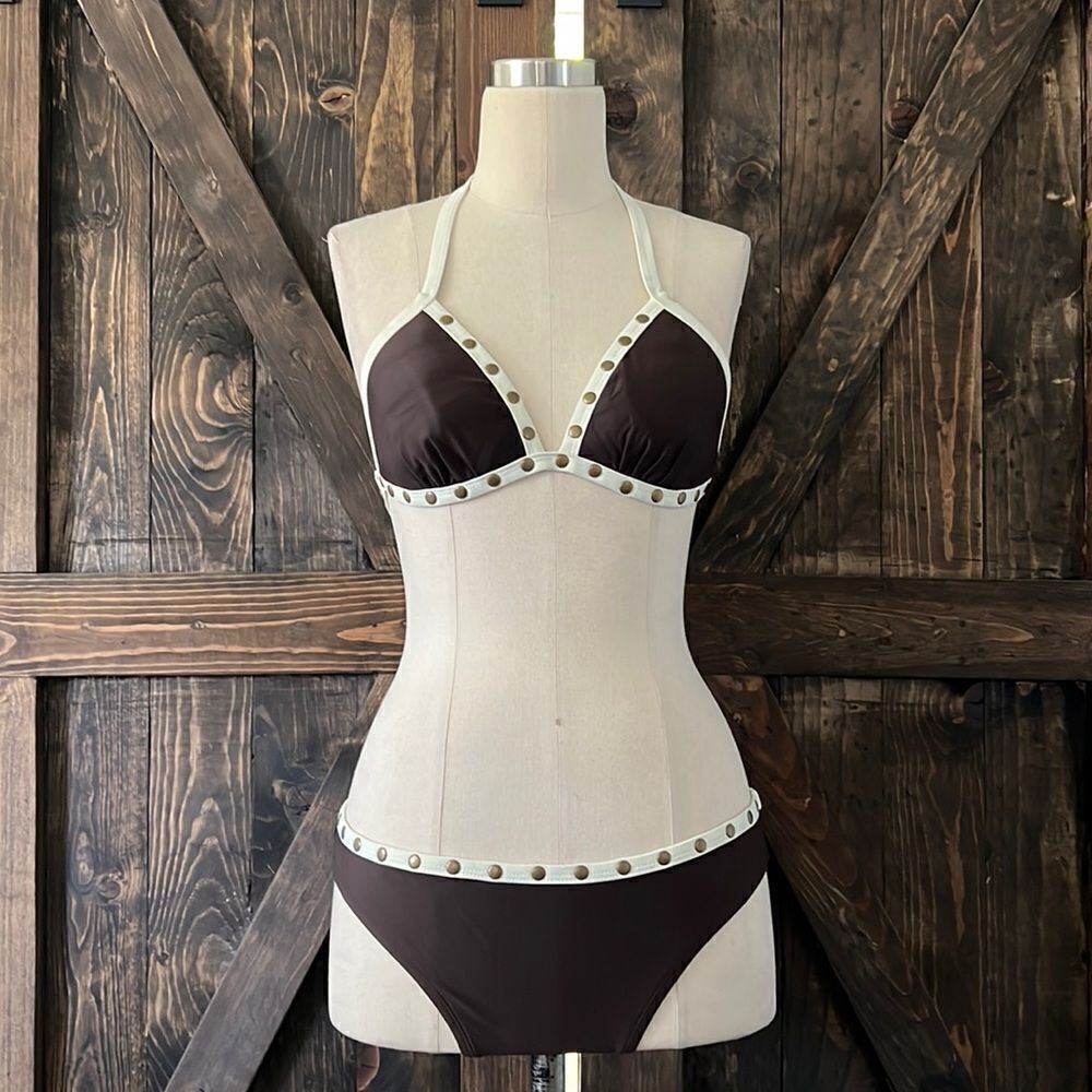 The collection brown cream studded halter bikini set Sz-12